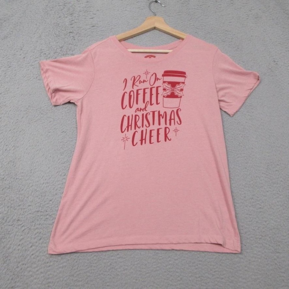 Holiday Time Shirt Womens Small Pink I Run On Coffee Christmas Cheer Tee Graphic